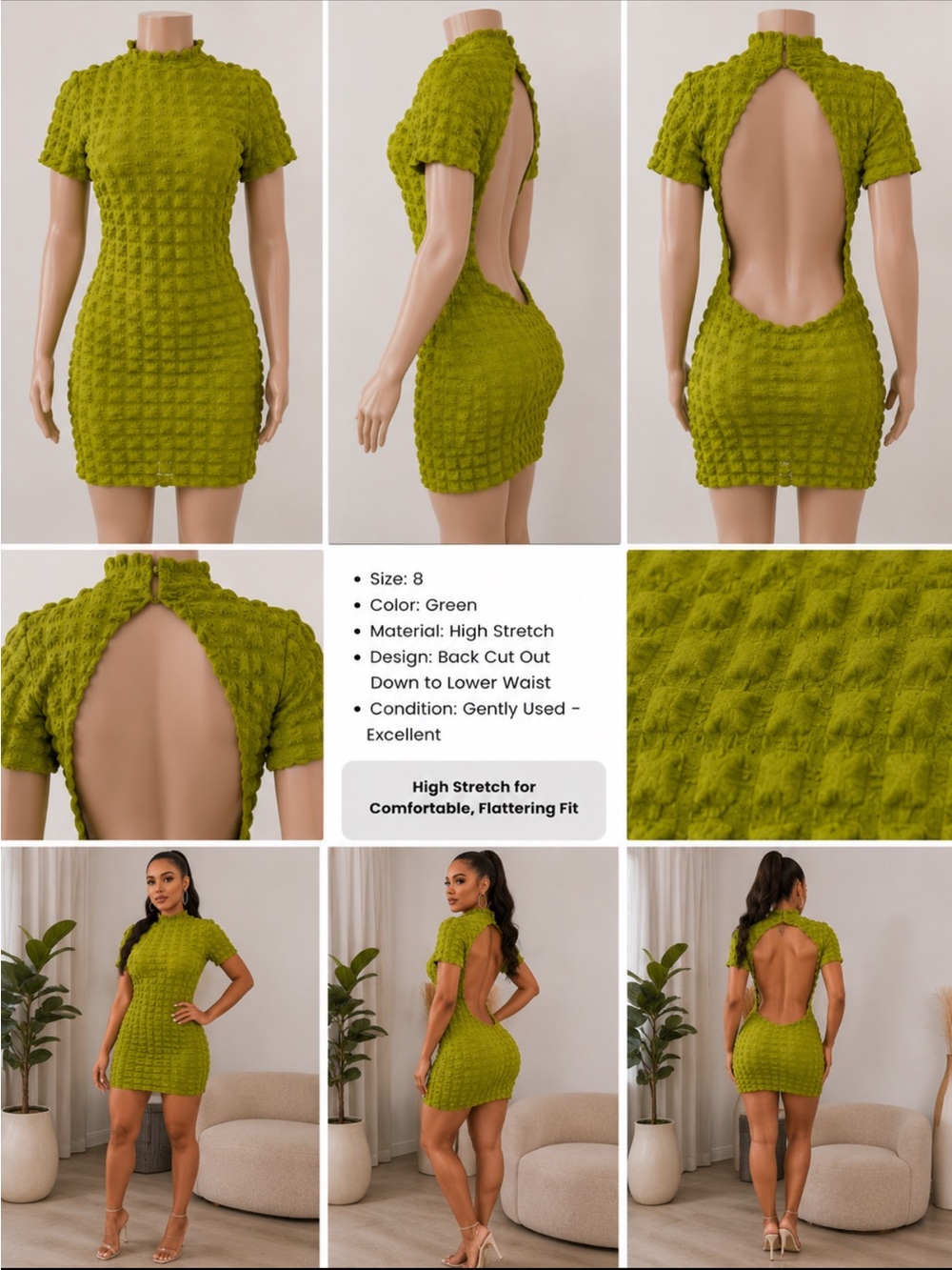 PrettyLittleThing Lime Green Textured Open-Back Mini Dress